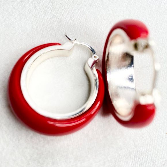 Huggie Hoop Earrings Red Enamel Silver Tone Base Latch Back - Picture 7 of 8